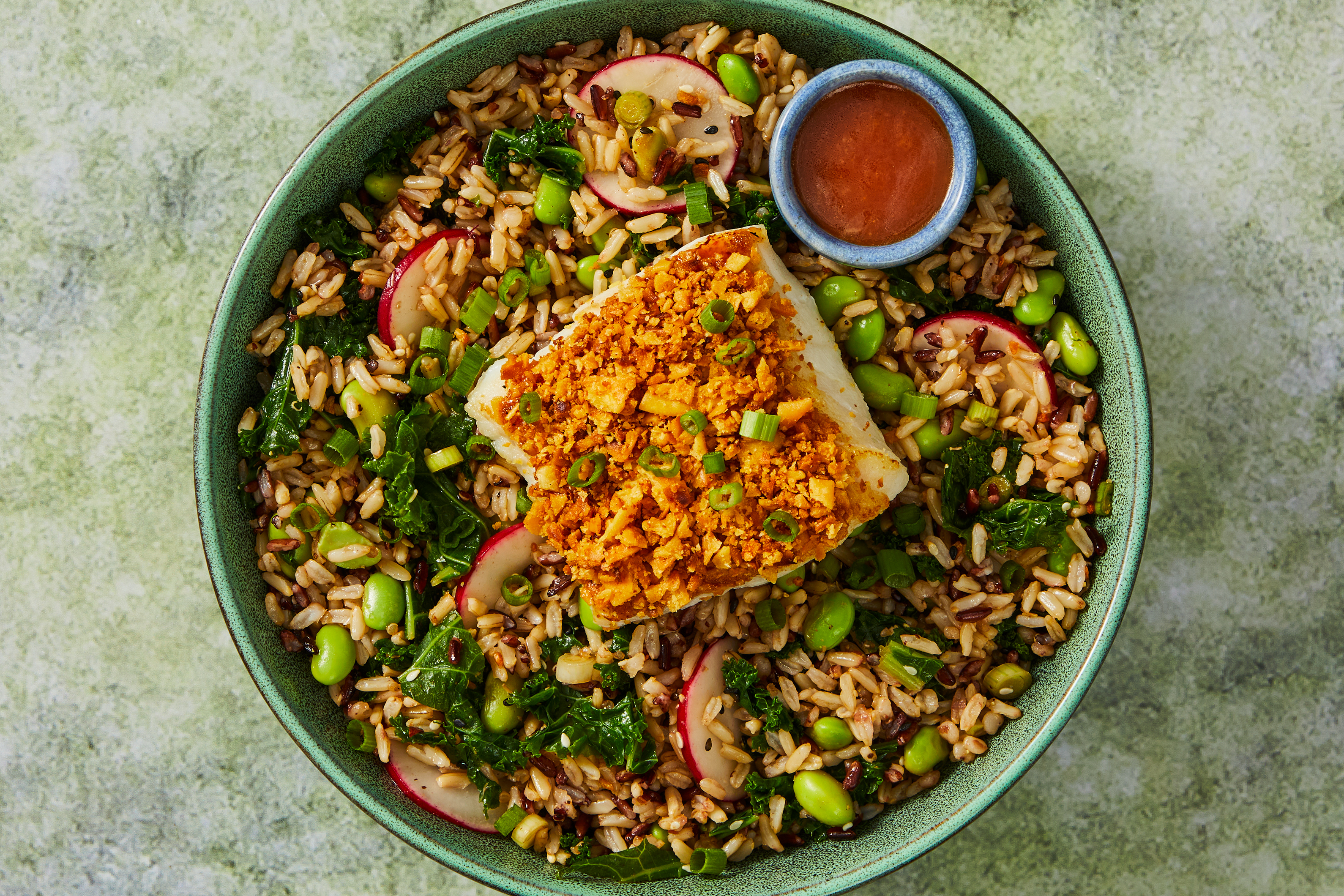 Air Fryer Wonton-Crusted Cod & Kale Grain Bowls