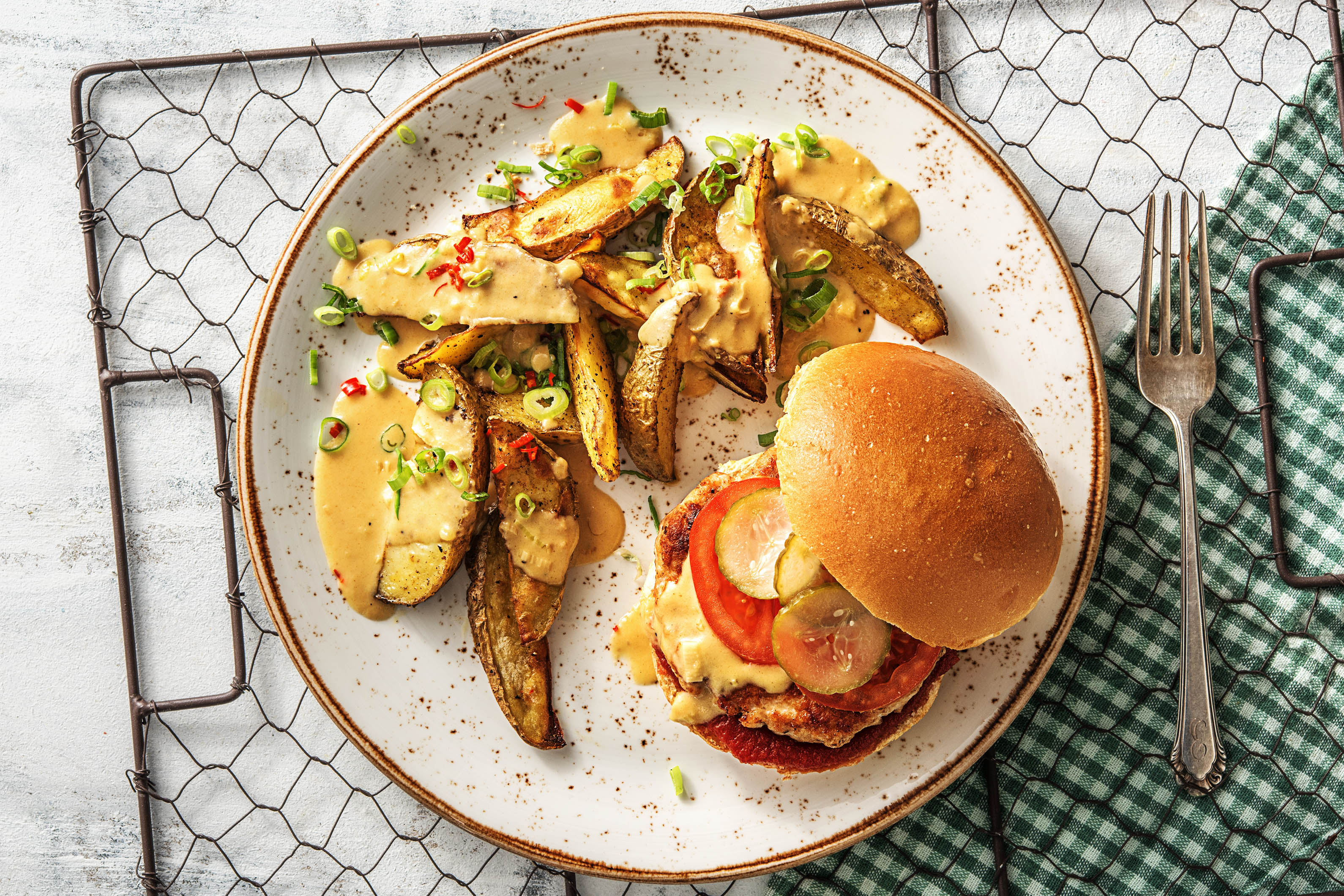 Barbecue Turkey Burgers: Cheddar Sauce and Potato Wedges