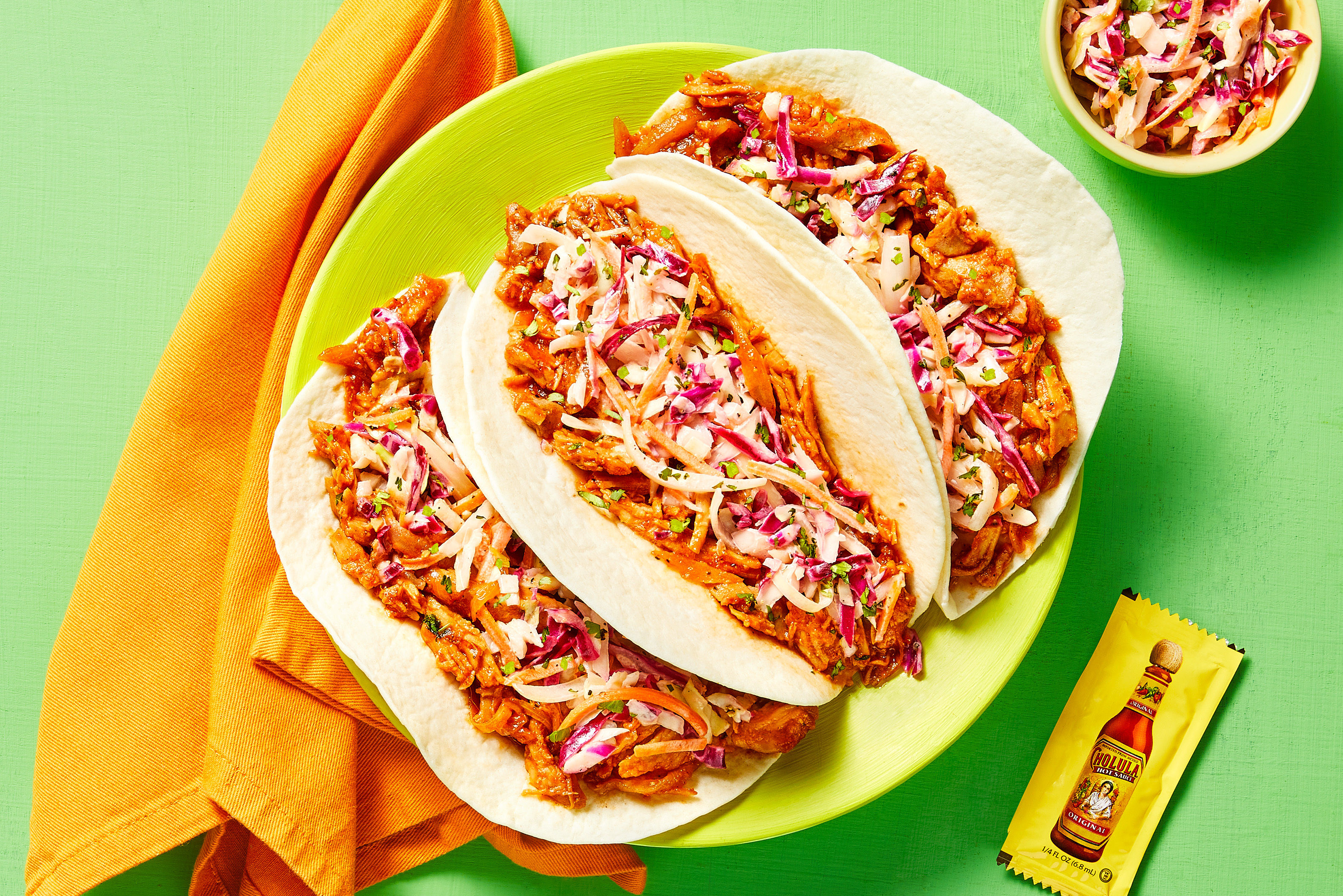 BBQ Pulled Chicken Tacos & Cholula Slaw