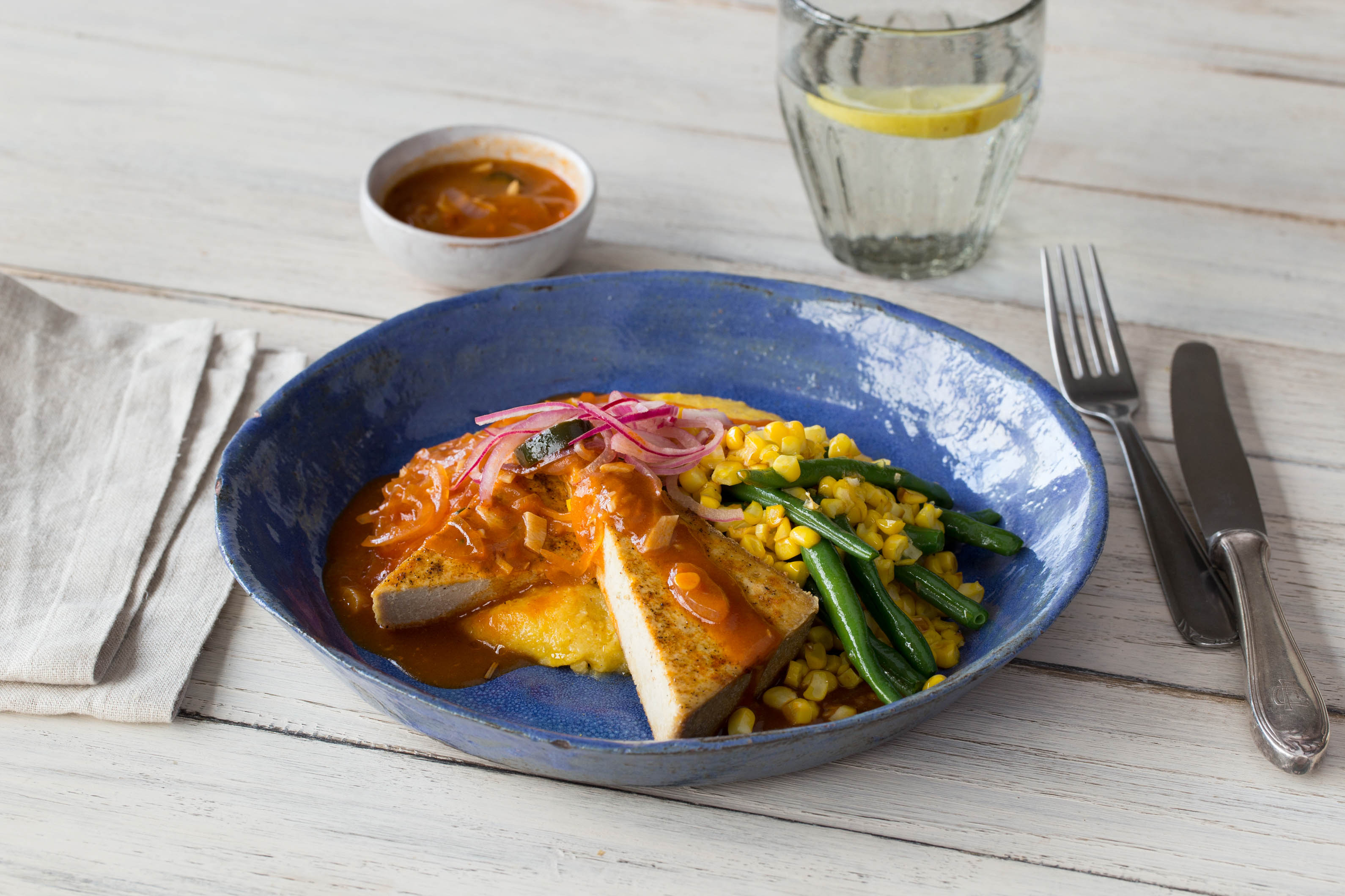 BBQ Tofu with Cheesy Polenta and Green Bean-Corn Hash