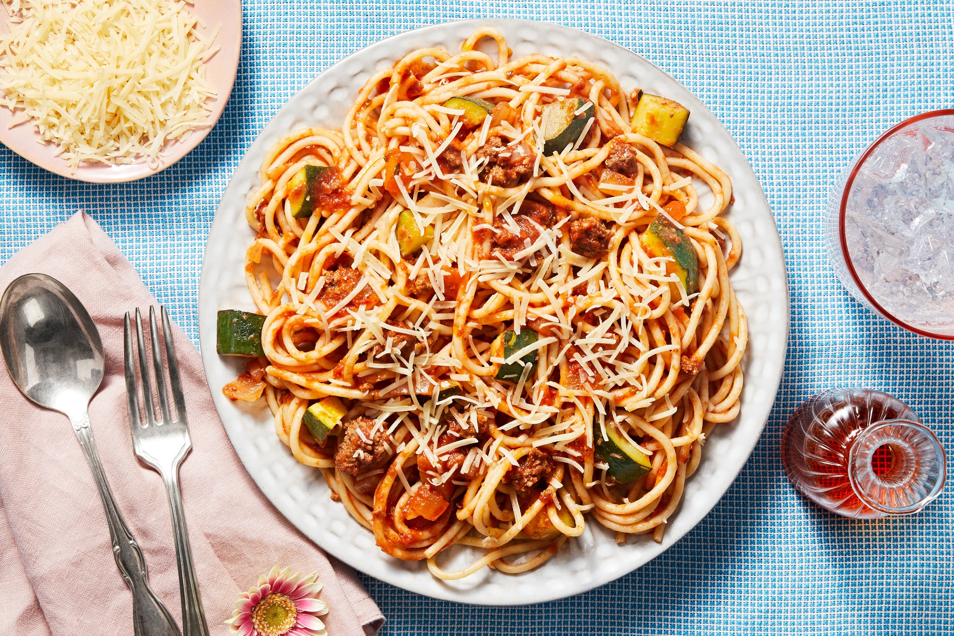Beef Ragu Spaghetti: Zucchini, Parmesan, and Pepperolio