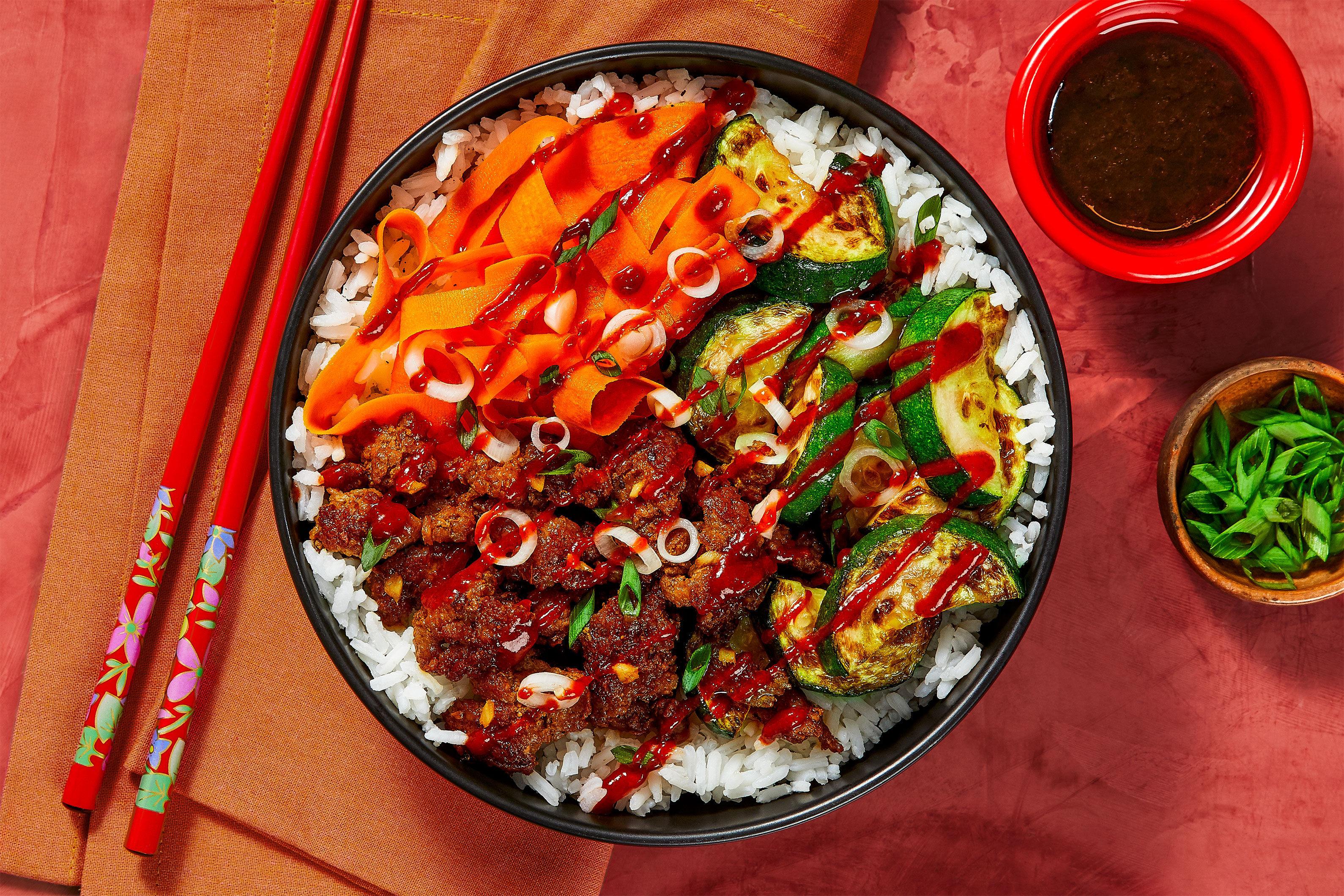 Beef & Zucchini Bibimbap: Carrots & Jasmine Rice