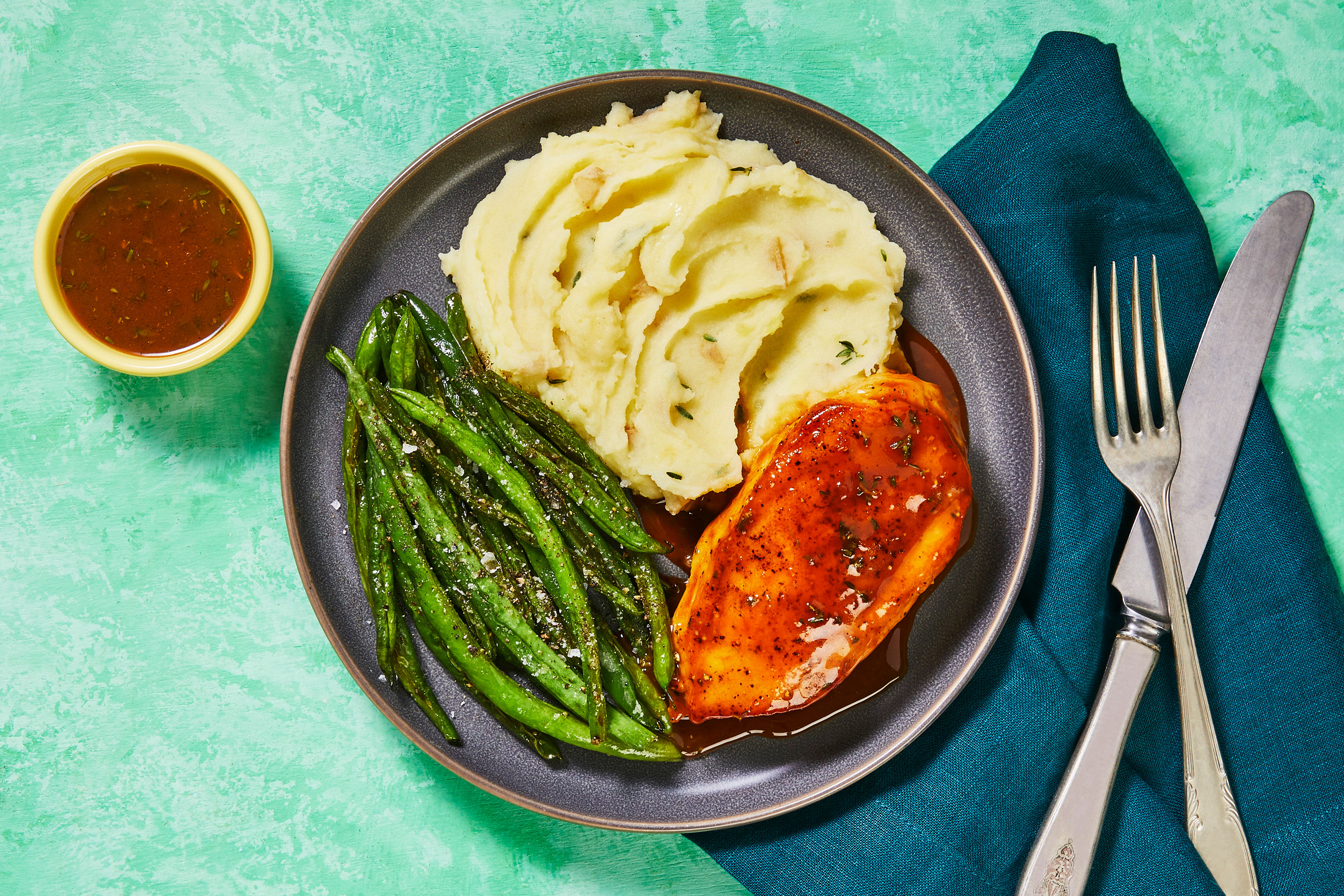 Chicken Cutlets a l’Orange: Thyme-Scented Mashed Potatoes & Roasted Green Beans