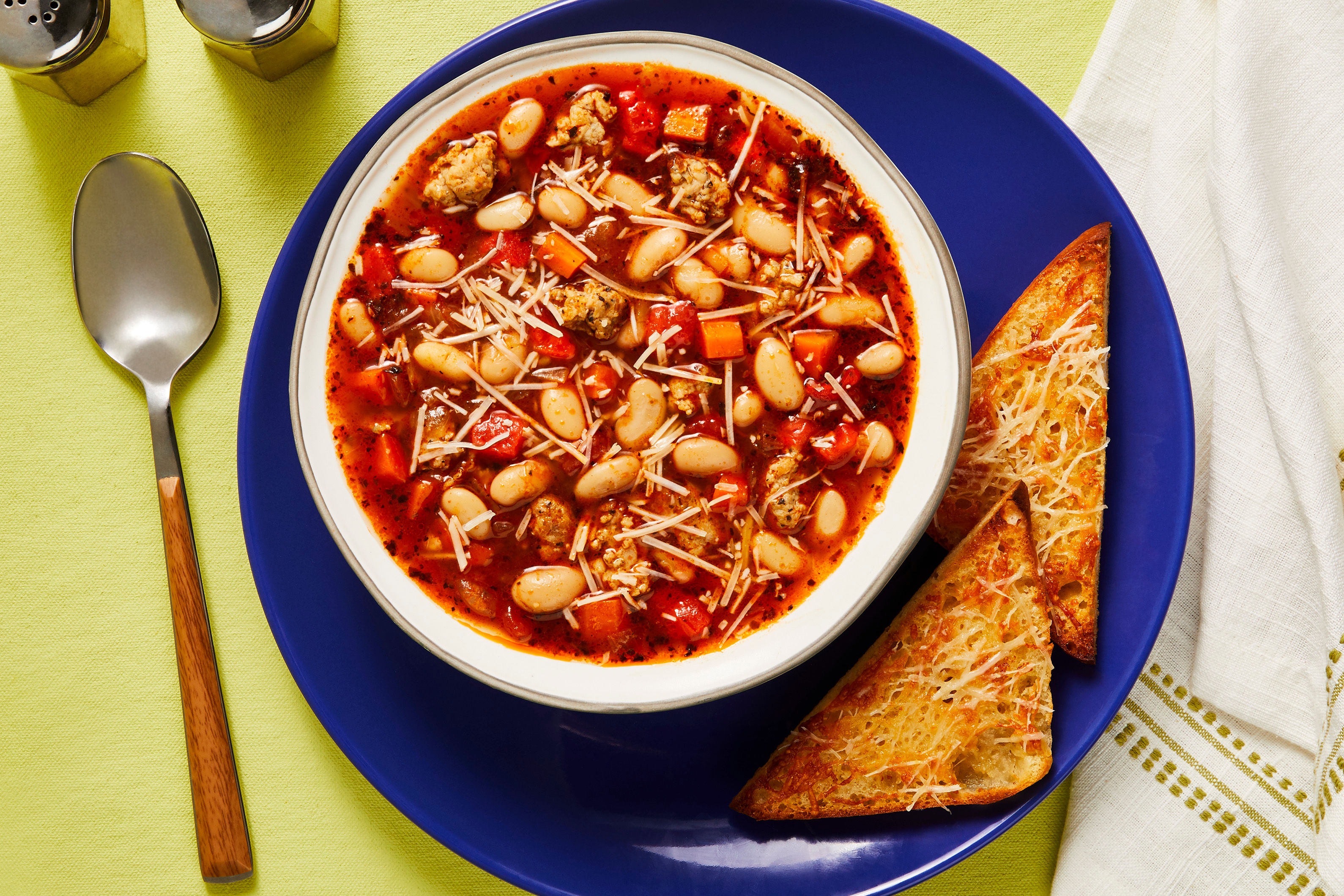 Chicken Sausage & White Bean Soup with Cheesy Garlic Ciabatta Toasts
