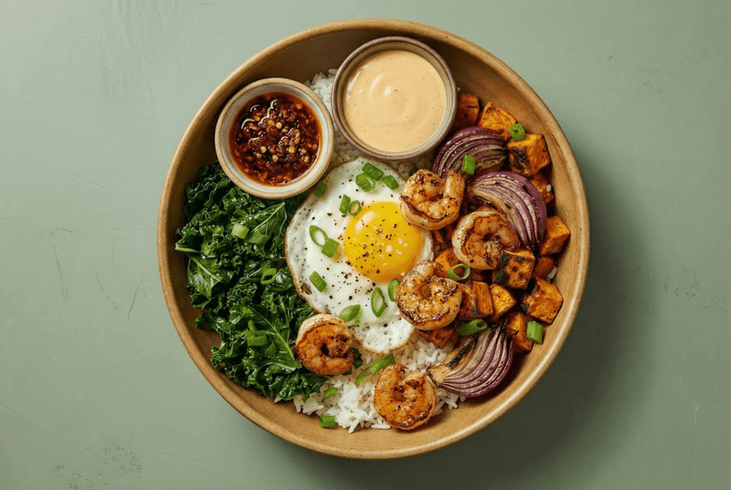 Chili Crisp Egg & Shrimp Rice Bowls