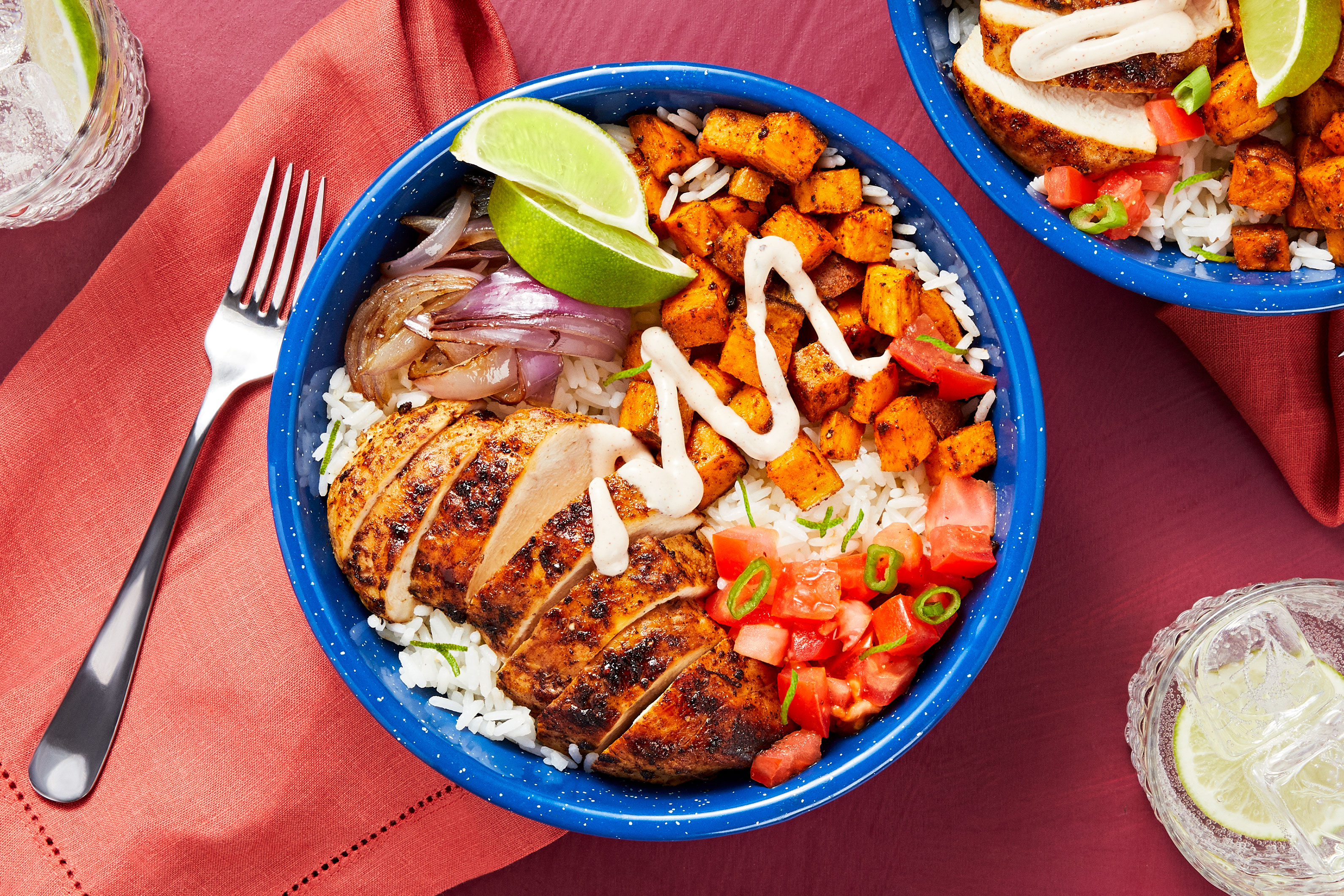 Chipotle Chicken and Rice Bowl: Roasted Sweet Potatoes and Salsa Fresca