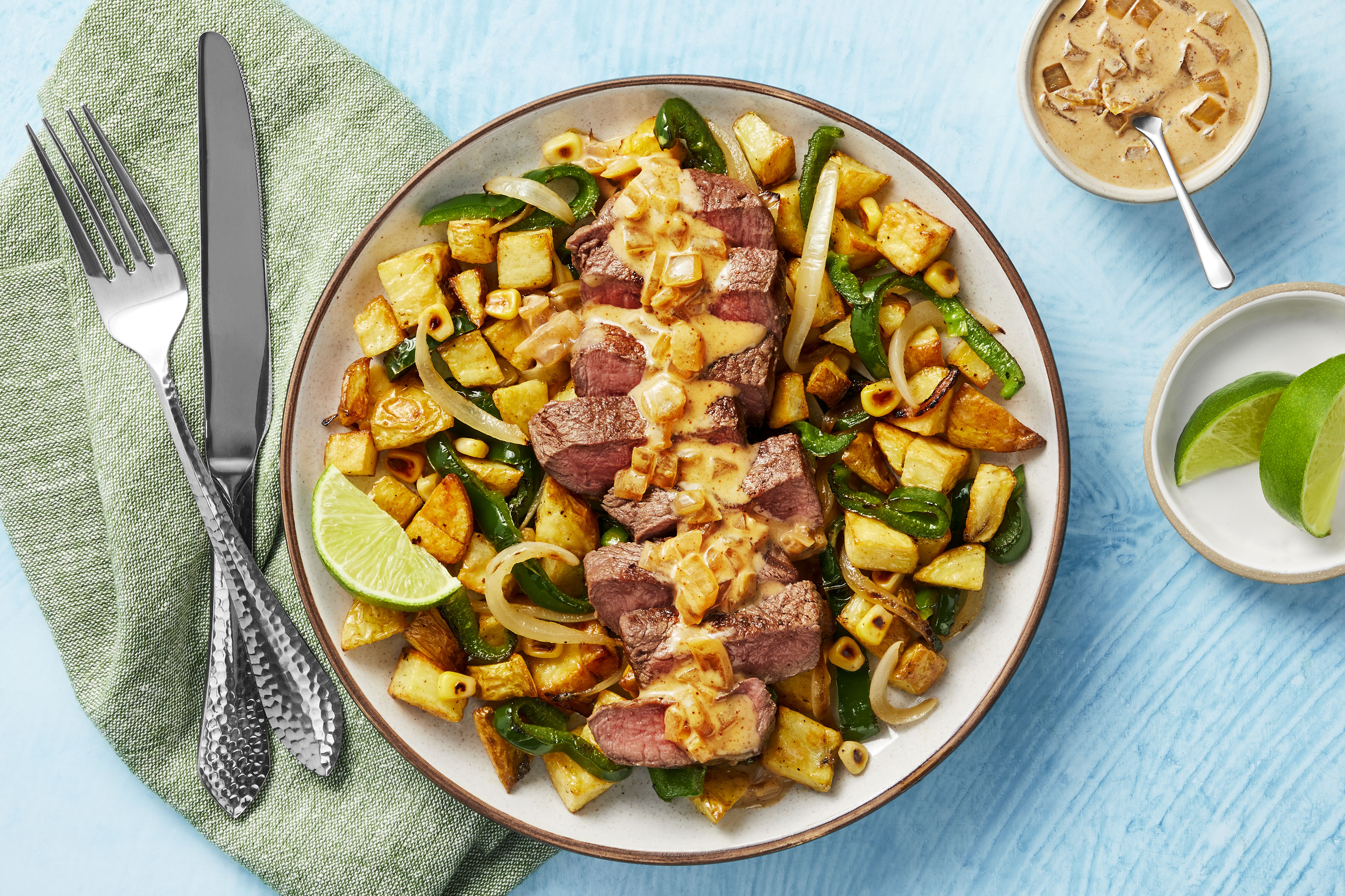 Chipotle Steak with Poblano, Corn, and Crispy Potato Hash