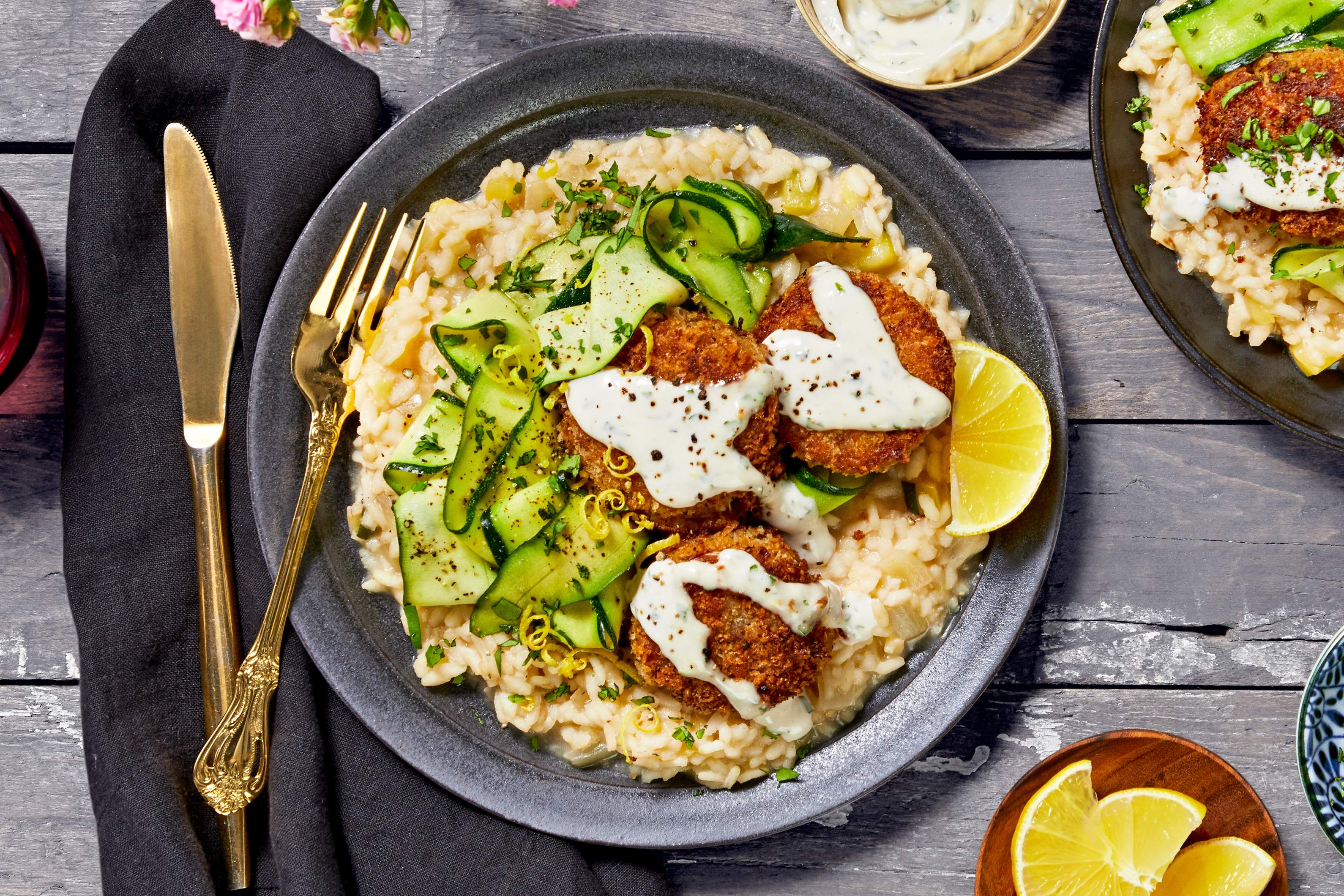 Crab Cakes with Tarragon Aioli over Garlic Herb Risotto with Lemony Zucchini Ribbons